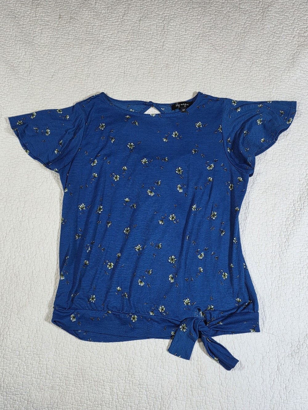 Lily Morgan Blue Floral Print Flutter Sleeve Tie Front Hem